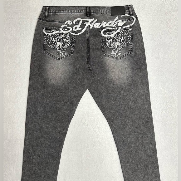 Ed Hardy Tiger Men's Jeans Slim Taper 39 x 31 Black/Grey Zipper-fly NWOT - Picture 3 of 15